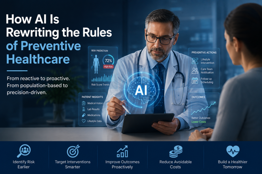 Doctor using artificial intelligence and predictive analytics to identify health risks and improve preventive healthcare outcomes