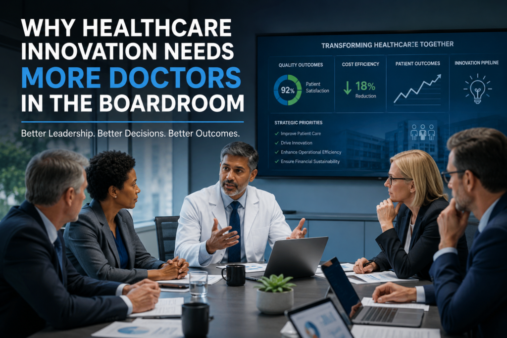 Physicians and healthcare executives discussing innovation and governance during a board meeting